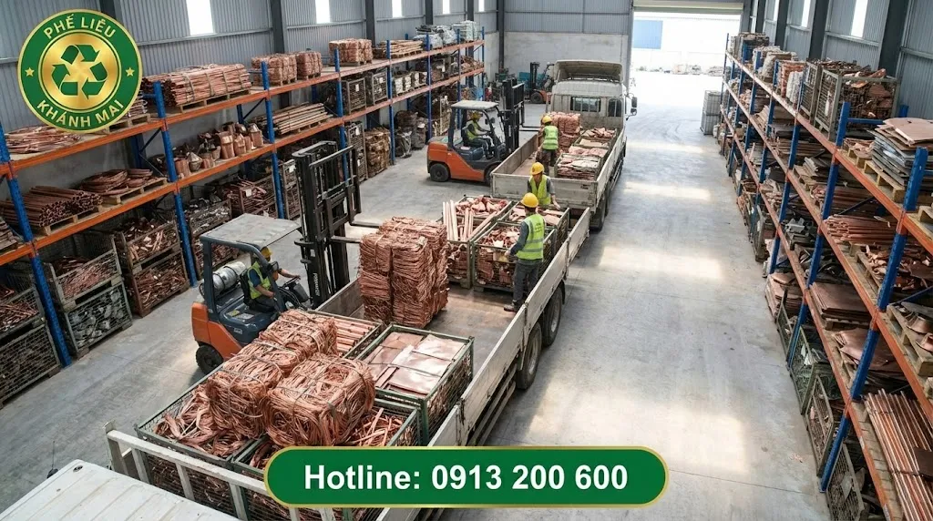 Bốc xếp đồng phế liệu tại khu vực kho hàng đã dọn lối đi