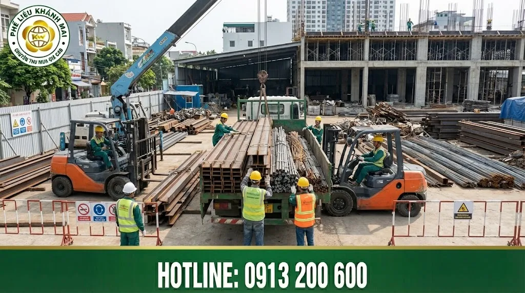 Bốc xếp sắt thanh lý tại công trình cải tạo an toàn