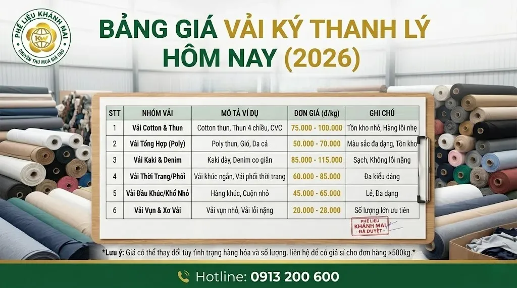 Bảng giá vải ký thanh lý hôm nay 2026 theo từng loại vải