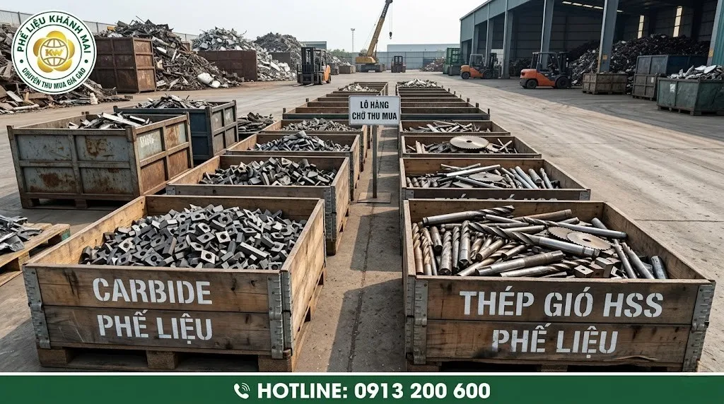 Lô hàng carbide và thép gió phế liệu chờ thu mua
