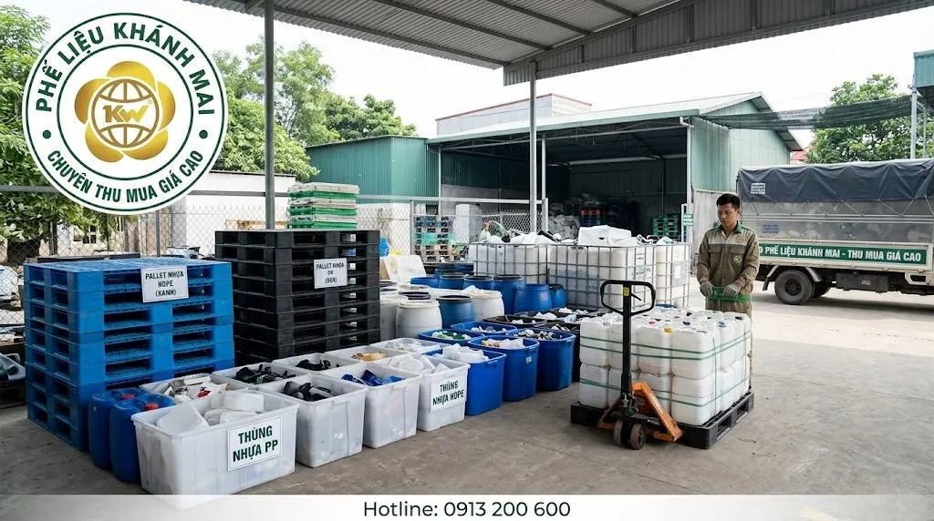 Pallet nhựa thùng nhựa và ống nhựa phế liệu tại điểm tập kết