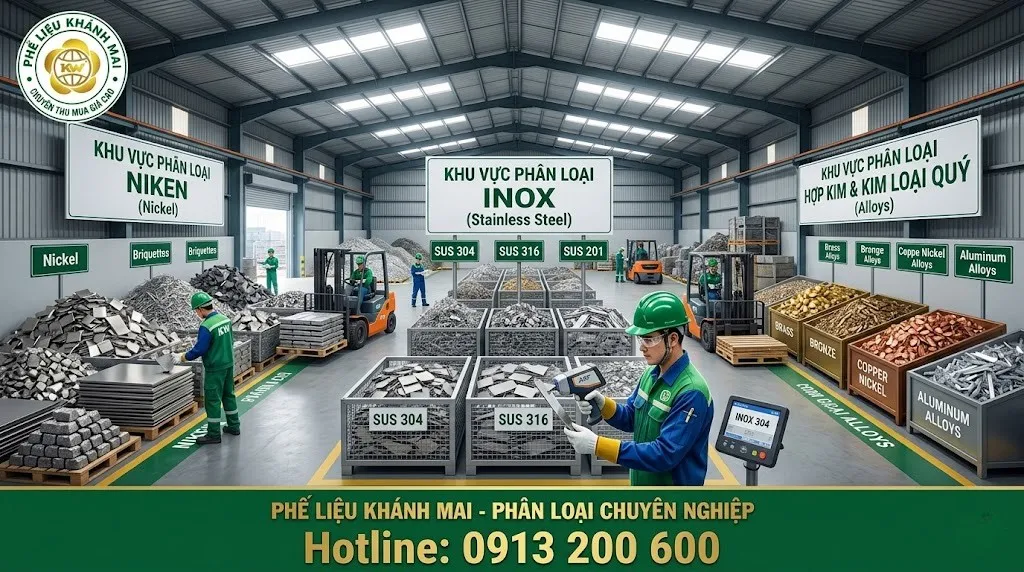 Phân loại niken, inox và hợp kim trong kho xưởng