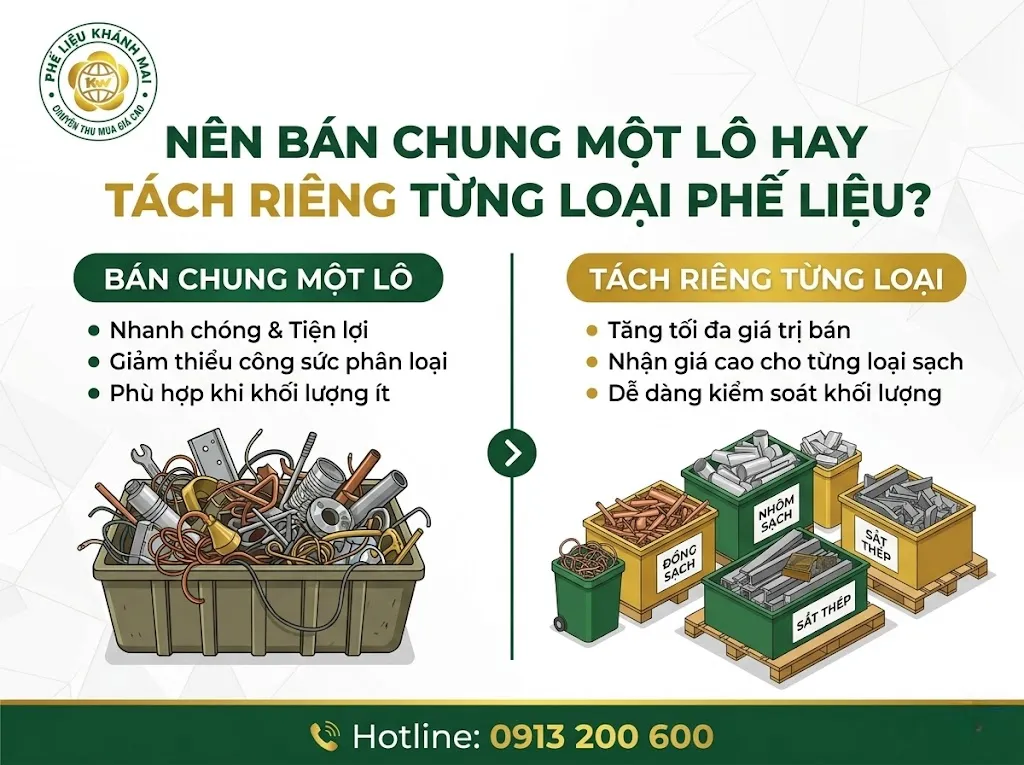 Nên bán chung một lô hay tách riêng từng loại phế liệu? Gợi ý cách chọn theo giá chốt, thời gian dọn, công phân loại và độ minh bạch khi cân cho nhà dân, kho và xưởng.