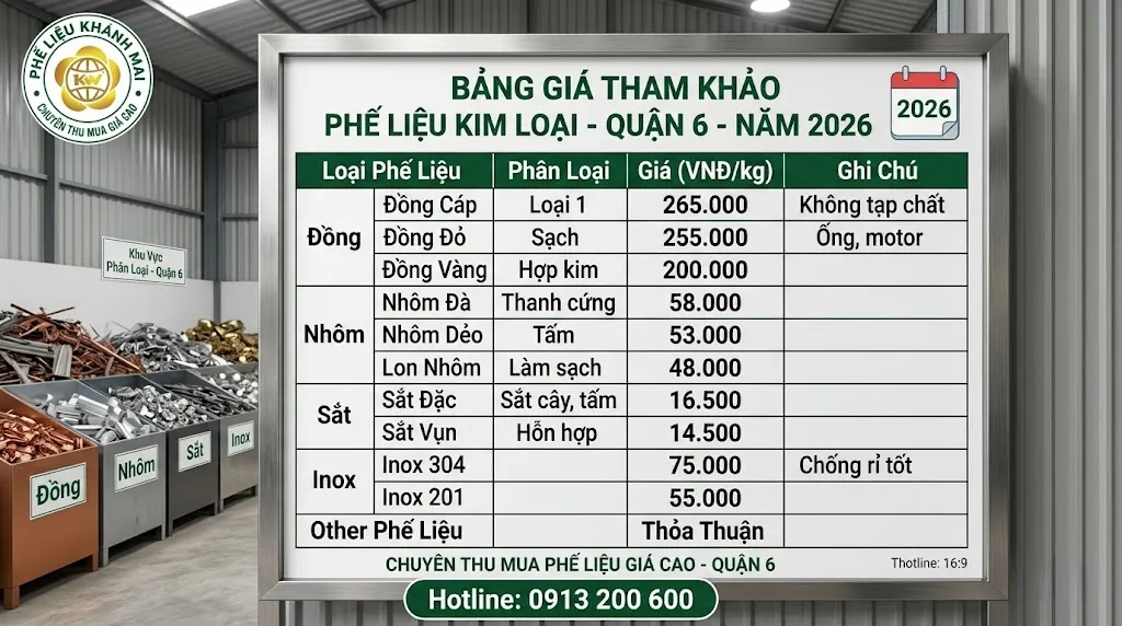 Bảng giá tham khảo phế liệu kim loại tại quận 6 năm 2026