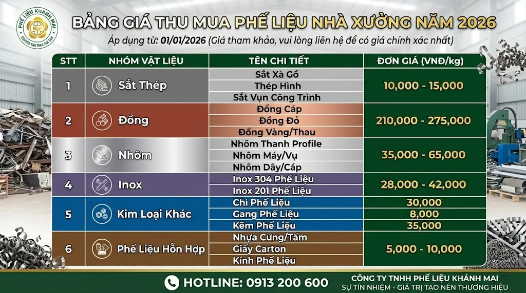 Bảng giá thu mua phế liệu nhà xưởng năm 2026 theo từng nhóm vật liệu