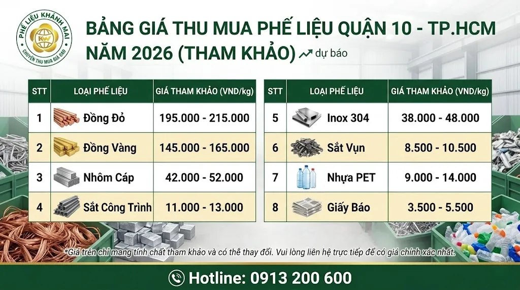 Bảng giá thu mua phế liệu quận 10 cập nhật 2026 theo từng nhóm vật liệu