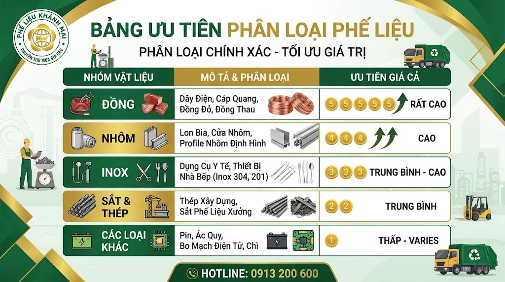 Bảng ưu tiên phân loại phế liệu theo từng nhóm vật liệu