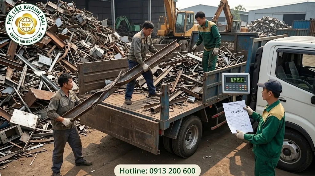 Bốc xếp phế liệu lên xe sau khi chốt khối lượng