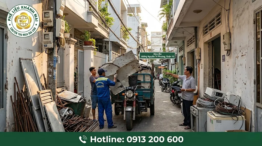 Hỗ trợ bốc xếp phế liệu trong hẻm nhỏ tại quận 10