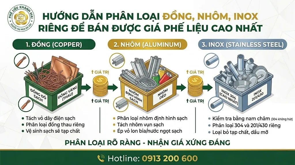 Phân loại đồng nhôm inox riêng để bán phế liệu được giá rõ hơn