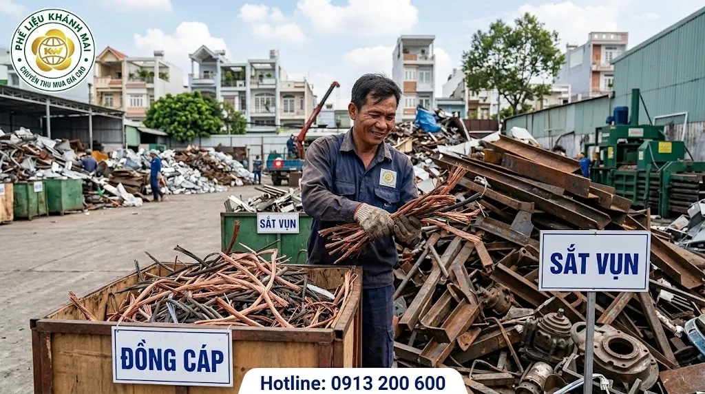 Tiến hành bóc tách lõi đồng cáp và sắt vụn tại điểm tập kết phế liệu