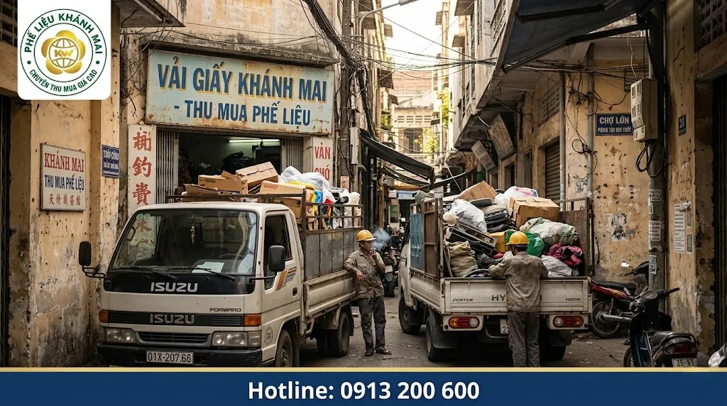 Đội xe tải trung chuyển phế liệu ra khỏi hẻm nhỏ tại Quận 5