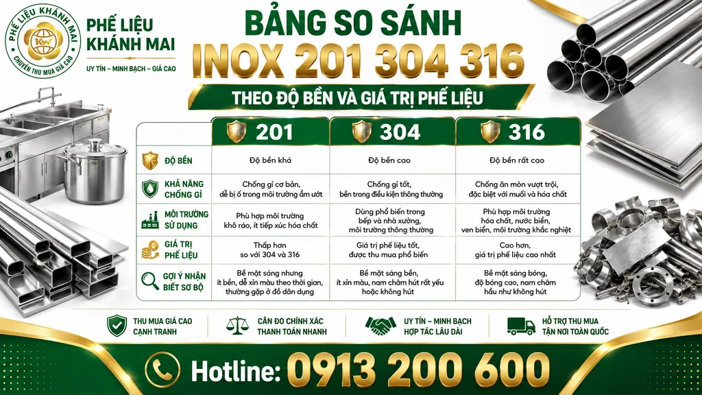 Bảng so sánh inox 201 304 316 về độ bền và giá trị phế liệu