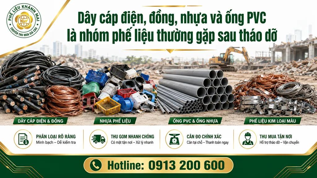 Dây cáp điện, đồng, nhựa và ống PVC là nhóm phế liệu thường gặp sau tháo dỡ