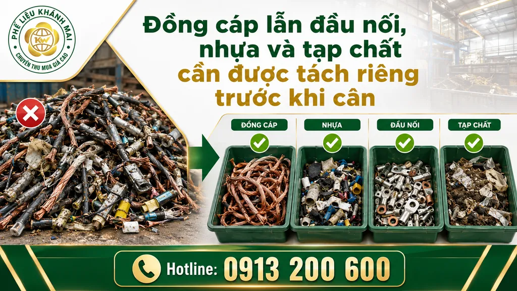 Đồng cáp lẫn đầu nối, nhựa và tạp chất cần được tách riêng trước khi cân