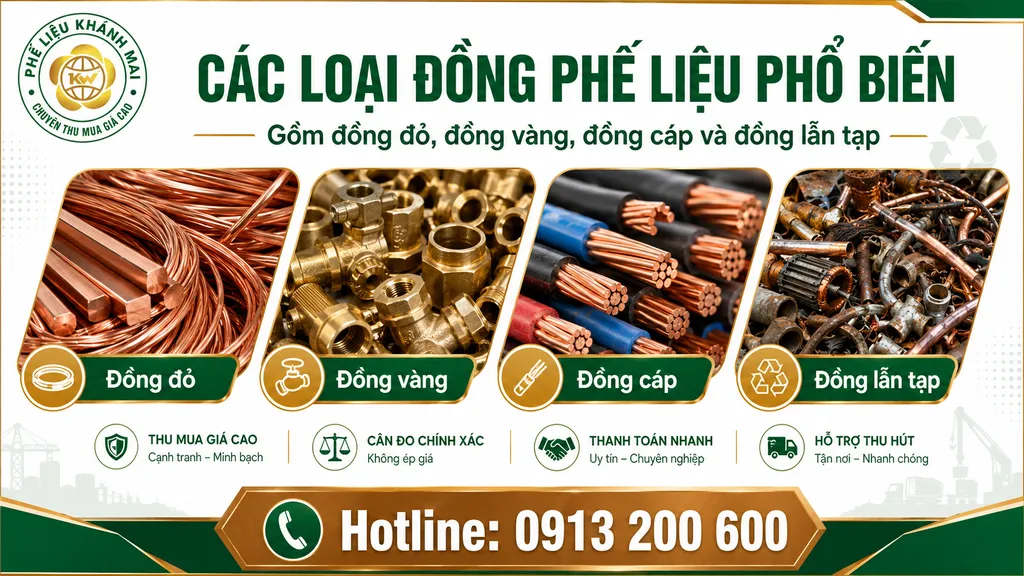 Các loại đồng phế liệu phổ biến gồm đồng đỏ, đồng vàng, đồng cáp và đồng lẫn tạp