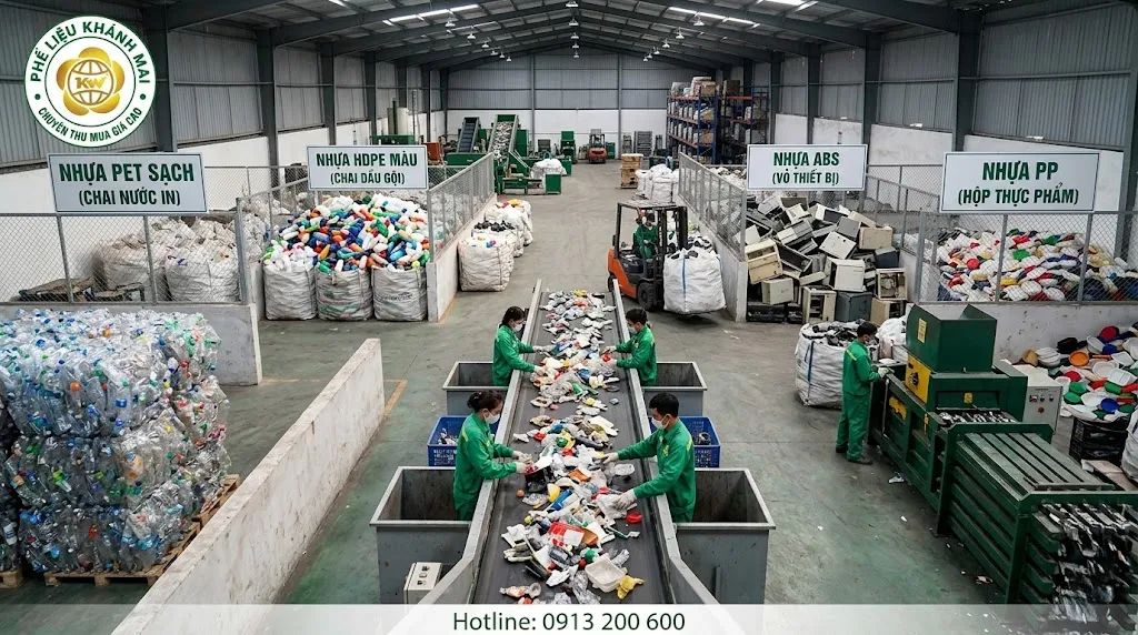 Kho xưởng tách nhựa phế liệu theo từng nhóm hàng