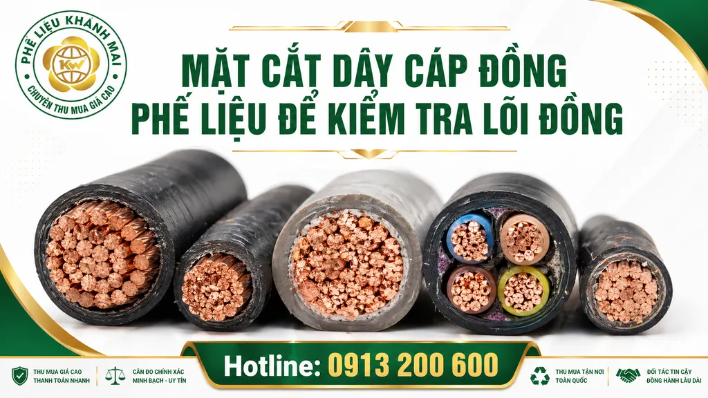 Mặt cắt dây cáp đồng phế liệu để kiểm tra lõi đồng