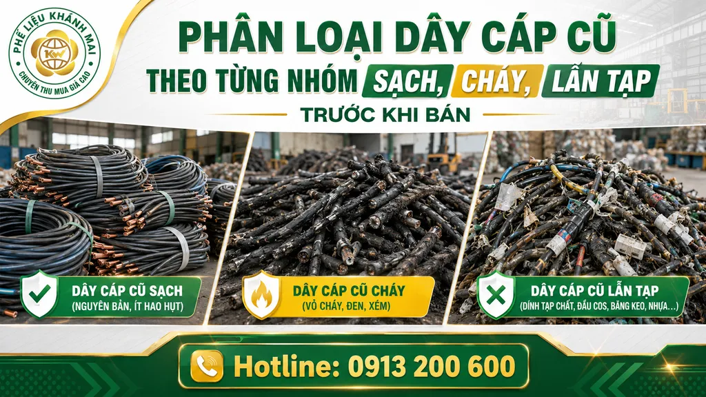 Phân loại dây cáp cũ theo từng nhóm sạch, cháy, lẫn tạp trước khi bán