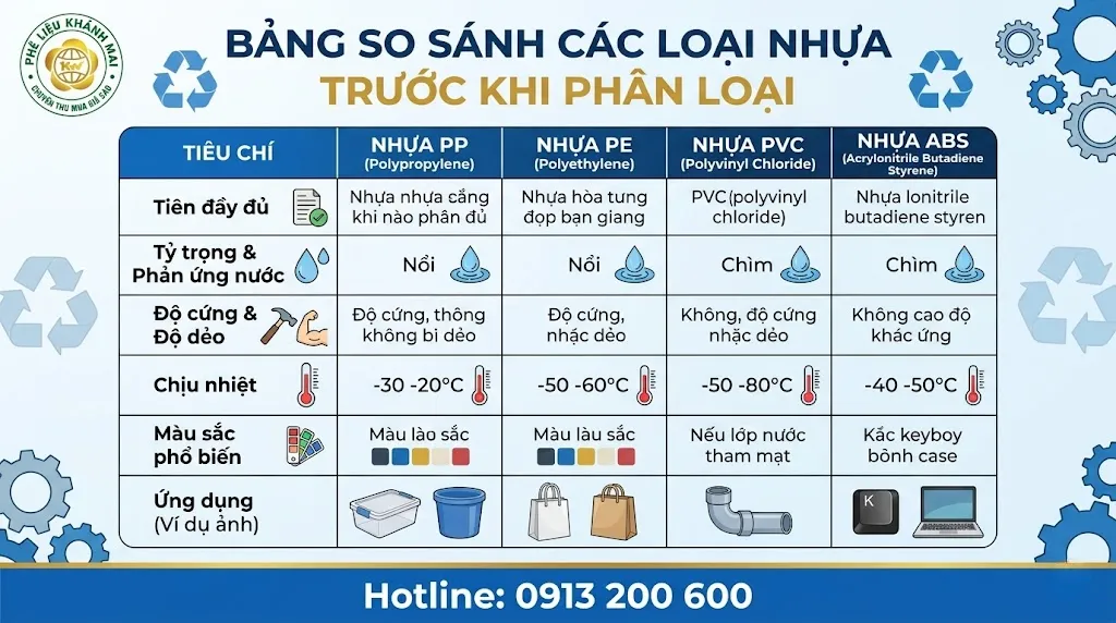Bảng so sánh nhựa PP PE PVC ABS trước khi phân loại