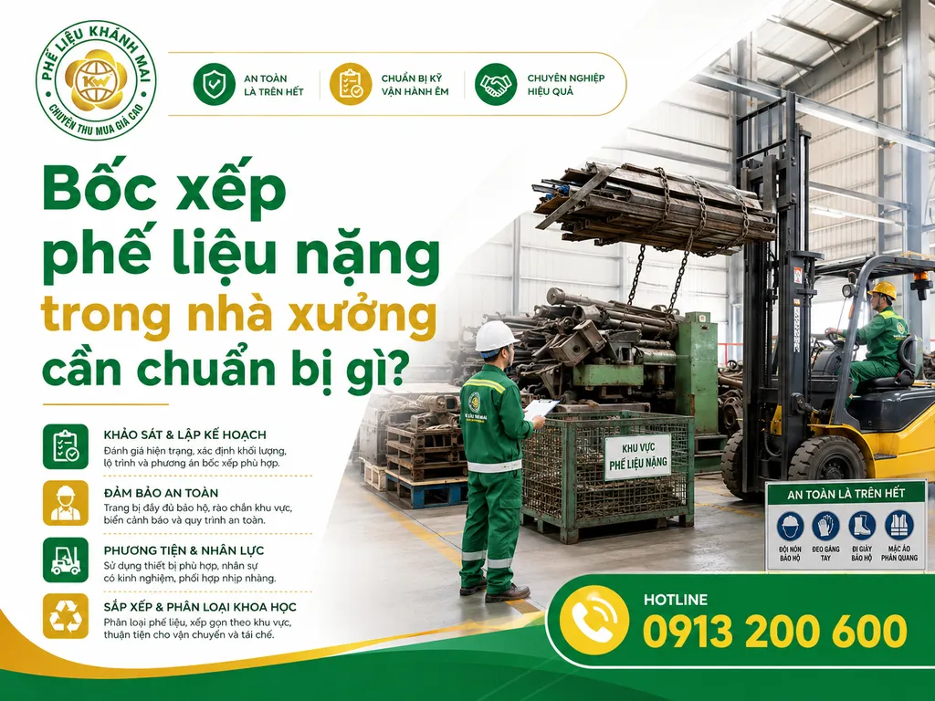 Công nhân bốc xếp phế liệu nặng trong nhà xưởng bằng xe nâng