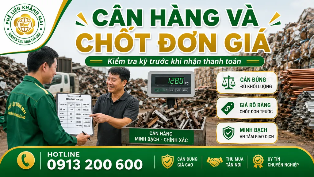 Cân hàng và chốt đơn giá phế liệu trước khi nhận thanh toán