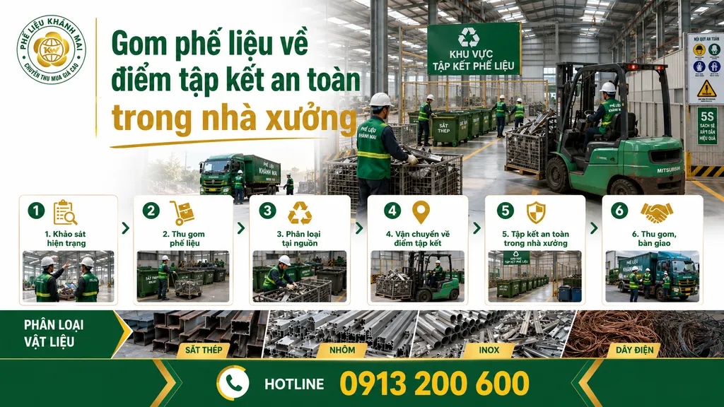 Gom phế liệu về điểm tập kết an toàn trong nhà xưởng