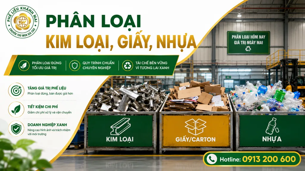 Phân loại phế liệu kim loại giấy nhựa trong kho xưởng