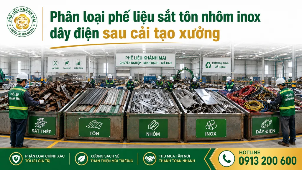 Phân loại phế liệu sắt tôn nhôm inox dây điện sau cải tạo xưởng