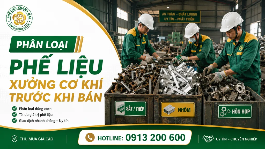 Công nhân phân loại phế liệu xưởng cơ khí trước khi bán