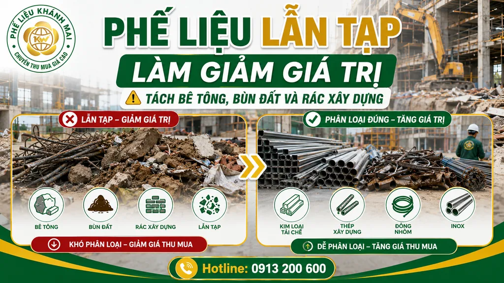 Phế liệu bị lẫn tạp với bê tông bùn đất và rác xây dựng trong công trình cải tạo