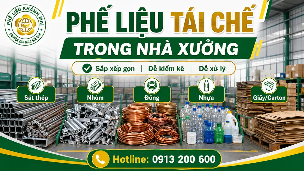 Phế liệu tái chế trong nhà xưởng gồm sắt thép nhôm đồng nhựa và giấy carton